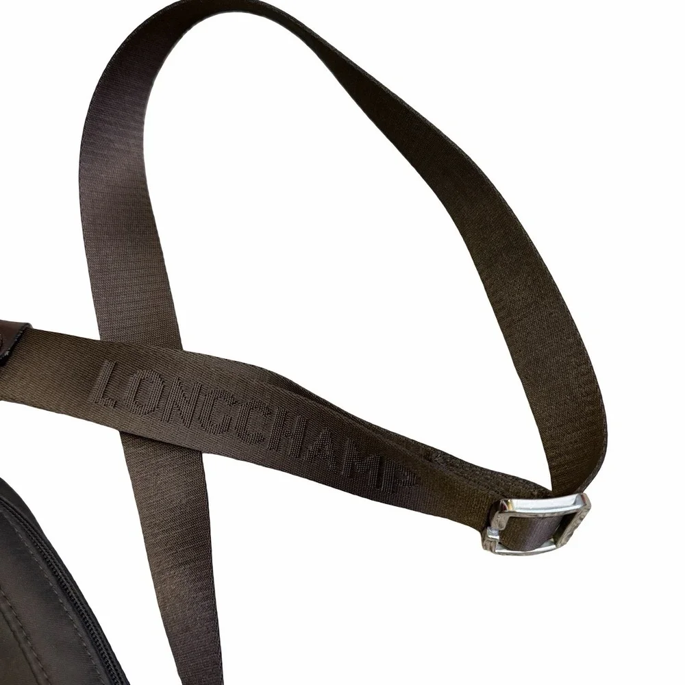 Longchamp Brown Nylon Crossbody Bag. Logo Strap. Leather Flap‎